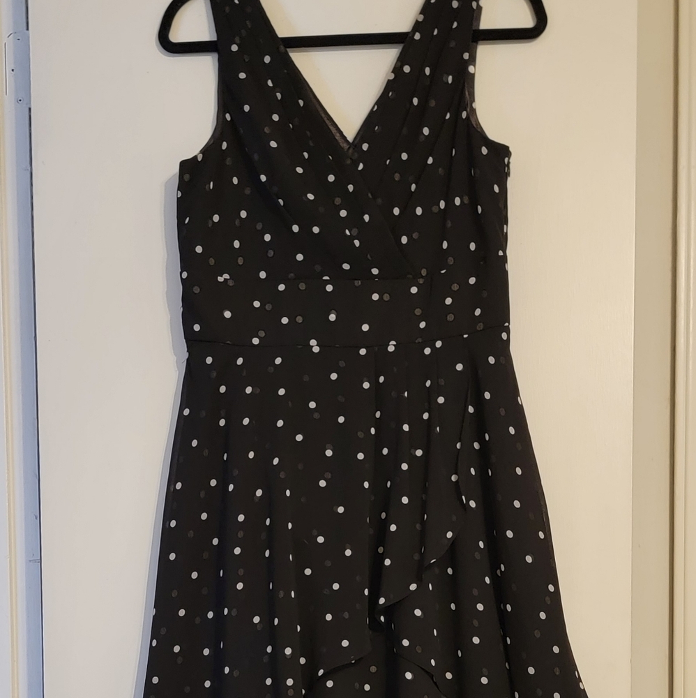 White House Black Market Black Polka Dot Dress Size 12 Babydoll Fit & Flare